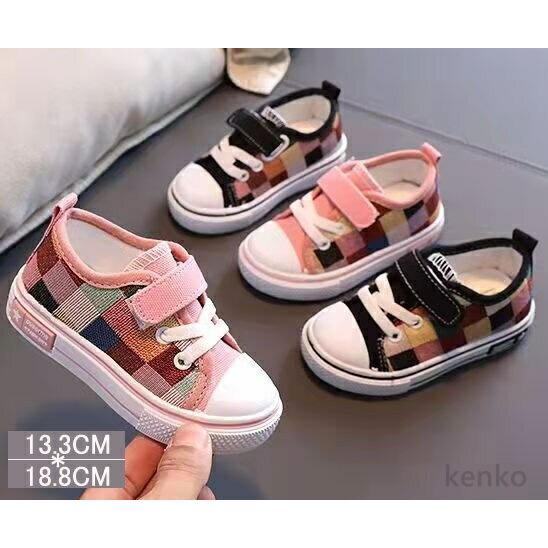 【送料無料】ファッション 帆布 チェック スニーカー キッズ ズック靴 子供 靴 ブラック ピンク ...