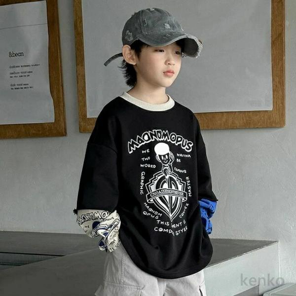 【送料無料】重ね着風 Tシャツ 男の子  プリント トップス プルオーバー ロンT  男の子  可愛...