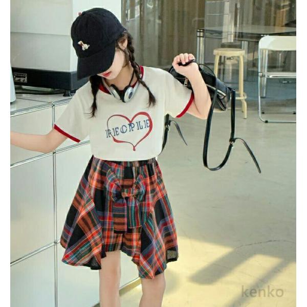 【送料無料】韓国子供服 女の子 夏  セットアップ  上下セット Tシャツ + チェック スカート ...