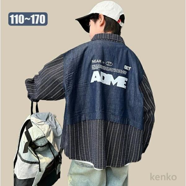 【送料無料】春 秋  パッチワークシャツ デニム ▽▽ 男の子 ボーダー柄 子供服 キッズ ベビー ...