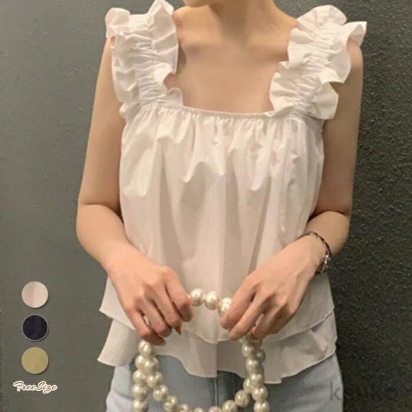 【送料無料】肩フリルタンクトップ ペプラム シャツ フリル 無地 トップス レディース 春 夏 フリ...