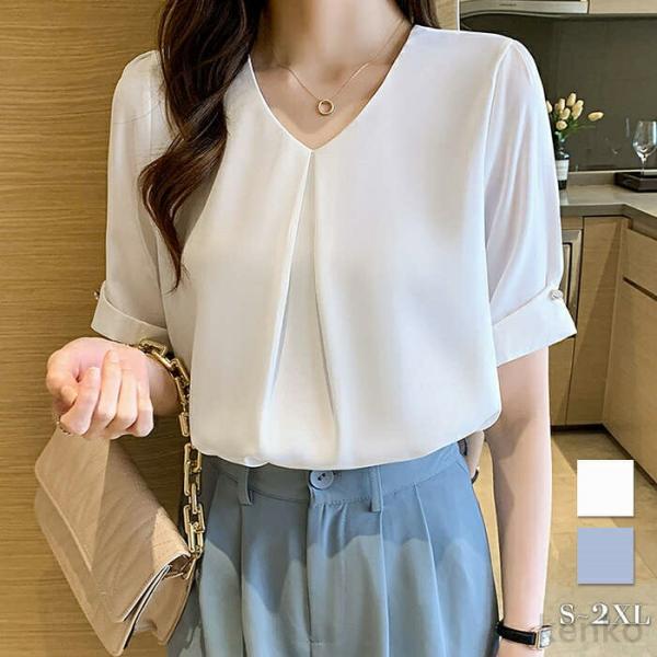 【送料無料】レディース フォーマル 半袖 ビジネス 白 レディース ｖネック きれいめ お洒落 トッ...