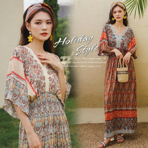 【送料無料】ス ロングワンピース レディース リゾート エスニック  春 夏  ロングワンピ ワンピ...