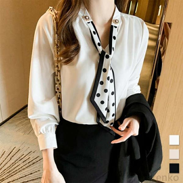 【送料無料】ボウタイブラウス フォーマル 長袖 白 シャツ レディース Vネック 春秋 大人 きれい...