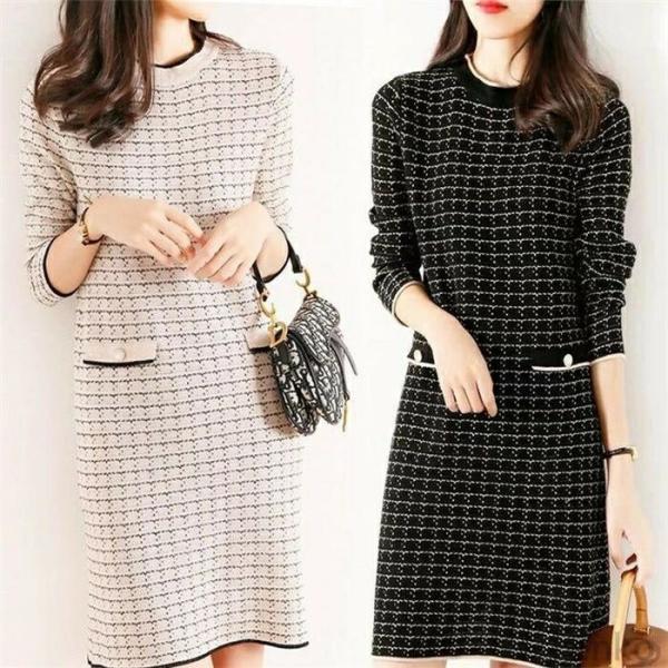 【送料無料】ニットワンピース レディース 秋冬 膝丈 ワンピース 厚手 きれいめ チェック 上品 ワ...