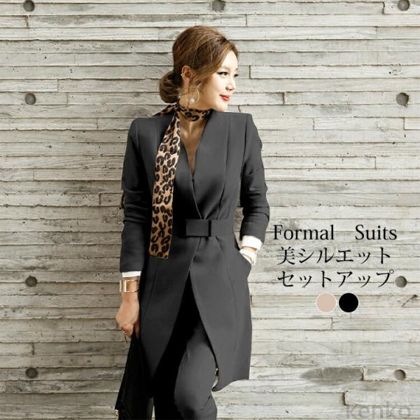 【送料無料】レディース パンツスーツ セットアップ フォーマルスーツ ジャケット パンツ ロング 黒...
