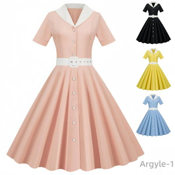 レディース パーティー フランス風 Vネック ワンピース スーツ襟 半袖ワンピース 無地 ベルト付き...