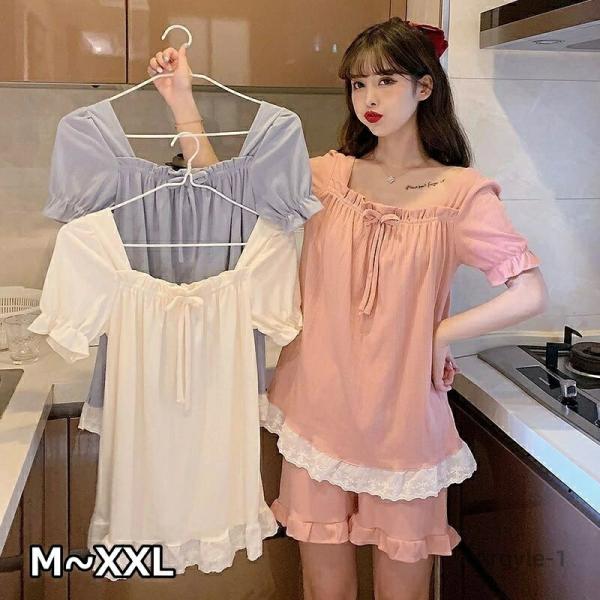 レディース 2点セット 半袖 半ズボン ルームウェア パジャマセット 夏 かわいい リボン フリル ...