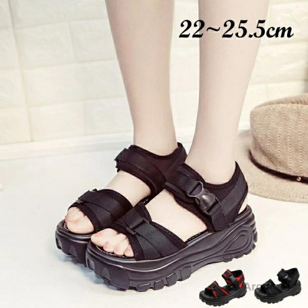 厚底サンダル おしゃれ スポーツサンダル サンダル 脚長効果 靴 6cmヒール フラット 身長アップ...