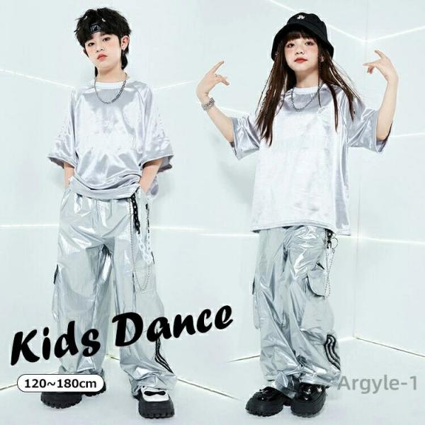 ダンス衣装 セットアップ ヒップホップ 半袖Tシャツ シルバーズボン ダンス衣装 上下セット ダンス...
