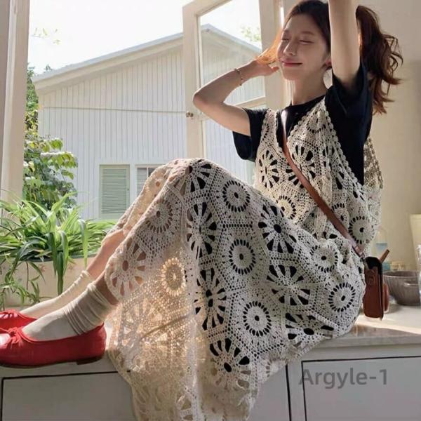 レイヤードレースワンピース お花 モチーフ かぎ針編み キャミ ミモレ ロング マキシ ワンピースｔ...