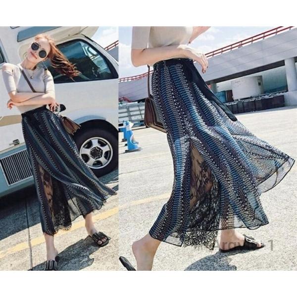 スカーチョ ガウチョパンツ レディース レース柄 ワイドパンツ フレアパンツ シフォン ロング 九分...