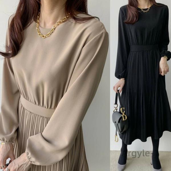 きれいめ ワンピース 黒 長袖 春 秋 レディース プリーツ ワンピース ロング ワンピース Aライ...