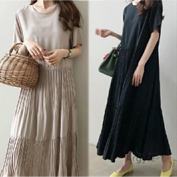 ワンピース レディース 半袖 七分袖 バルーン パフスリーブ vネック シャツワンピース ロング ミ...