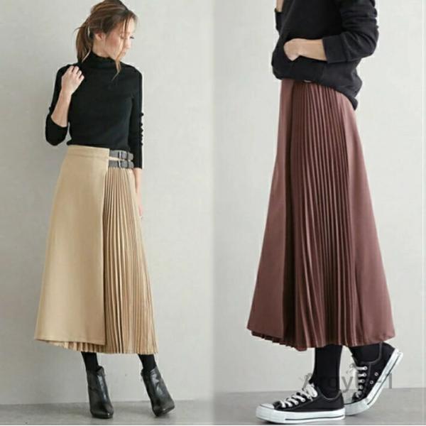 　新作 レディース スカート 切替 プリーツ ベルト 無地 ツイル 新作 プリーツ切替スカート ベー...