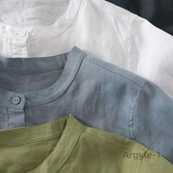 上質麻のシャツワンピース リネンチュニック オープンシャツ スタンドカラー 五分袖 春夏向け 大人 ...