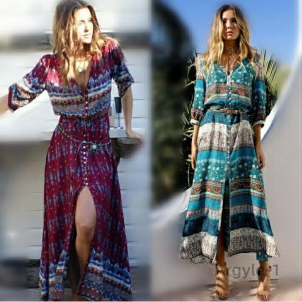 マキシワンピース ロングワンピース 花柄 Vネック Aライン フレア 半袖 春夏 リゾート マキシ丈...