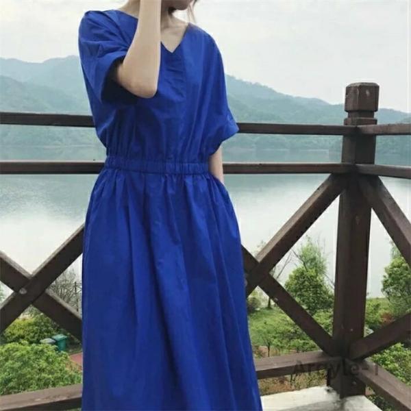 ワンピース レディース シャツワンピース 半袖 七分袖 バルーン パフスリーブ vネック Aライン ...