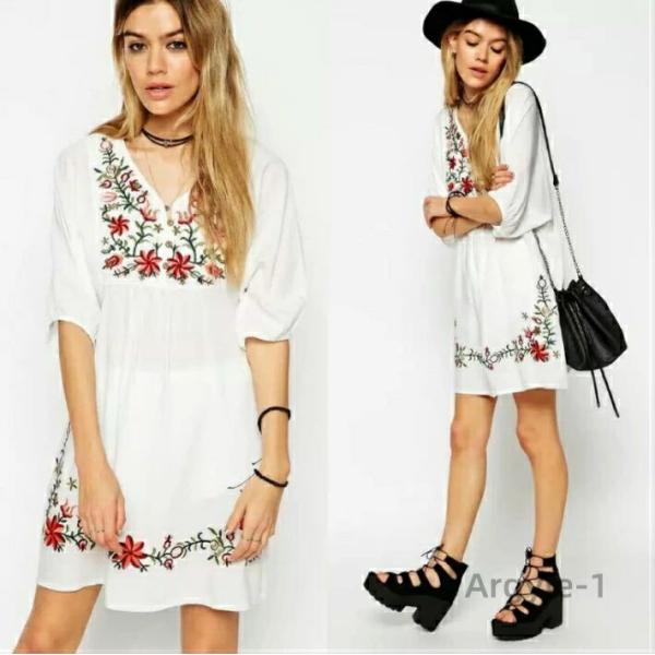 刺繍 ブラウス 花柄 刺繍 チュニック 刺繍ブラウス シャツ 半袖 ブラウス Vネック レディース ...