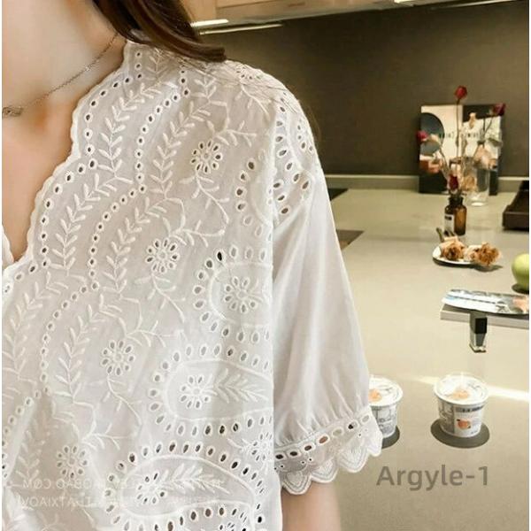 ブラウス レース 刺繍 シャツ レディース 深Vネック 半袖 五分袖 トップス 透け感 ゆったり 大...