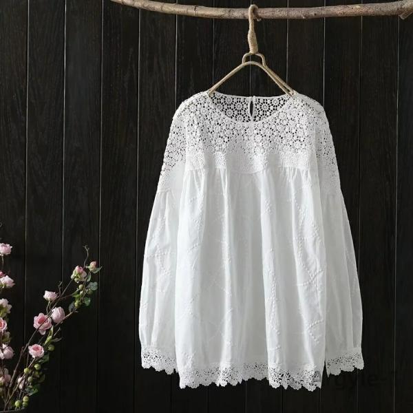 ブラウス 透かし編み 花柄 長袖　綿 シャツブラウス レディース トップス プルオーバー tシャツ ...