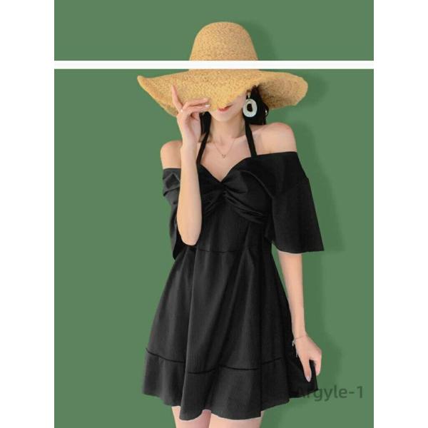 レディース水着 ワンピース パンツ付き ギンガムチェック 体型カバー 黒 赤 リボンクロス 胸元カバ...