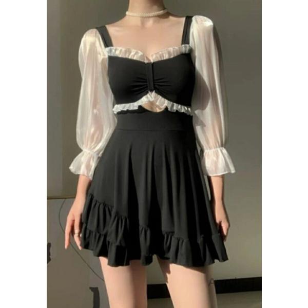 水着 ワンピース レディース 水着 体型カバー水着 黒セパレート ワイヤー入り 盛れる ママ黒 M ...