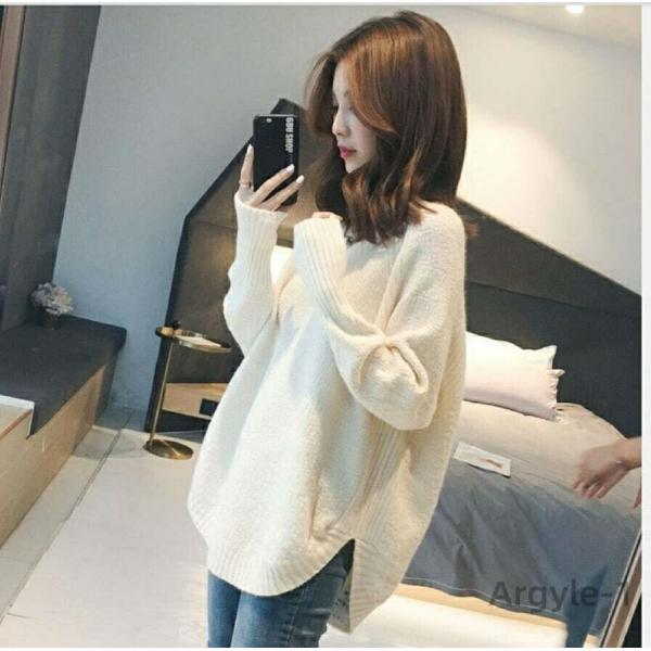 ニット 長袖 裾ラウンド トップス レディース オーバーサイズ チュニック丈 クルーネック リブ シ...