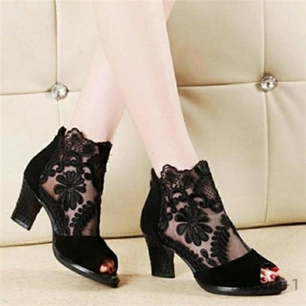 レディース 美脚 ブーツ サンダル 太ヒール靴 メッシュ ブーサン 透かし ブーツ  通勤用 仕事 ...