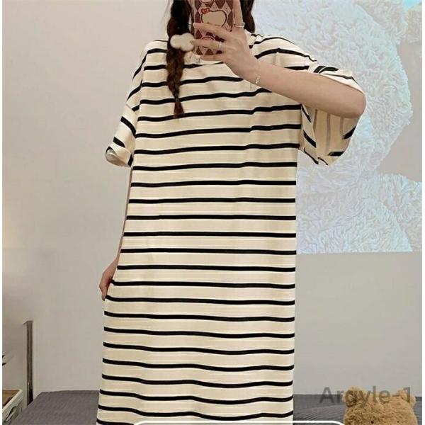 ルームウェア ワンピース レディース ストライプ  パジャマ  部屋着 フレアドレス 大きいサイズ ...