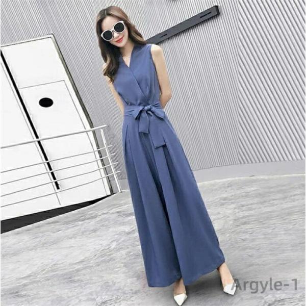 パンツ レディース サロペット ロング ワイド パンツ 夏 ゆったり きれいめ Vネック ノースリー...