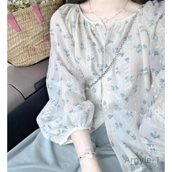 ブラウス レディース 花柄 長袖 シャツ バルーンスリーブ トップス 体型カバー おしゃれ 無地  ...