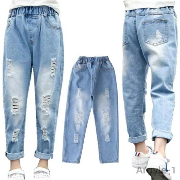 ダメージデニムパンツ キッズ 子供服デニムパンツ長ズボン ロング丈 ジーンズ ダメージ加工 ロングパ...