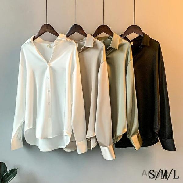 シャツ ブラウス レディース 長袖 おしゃれシャツ サテン シワにならない 事務服 白 シャツ 襟付...