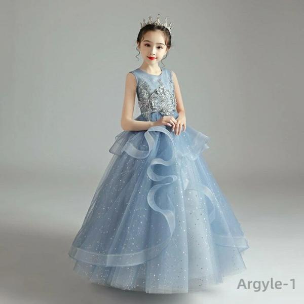 子供ドレス ブルー こども 発表会  袖付き 袖あり  ドレス ミニ ミモレ ロング プリンセスドレ...