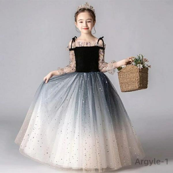 子供ドレス ブラック こども 発表会  袖付き 袖あり  ドレス ミニ ロング プリンセスドレス 子...