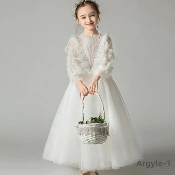 子供ドレス 白 こども 発表会  袖付き 袖あり 長袖 ドレス ミニ ロング プリンセスドレス 子供...