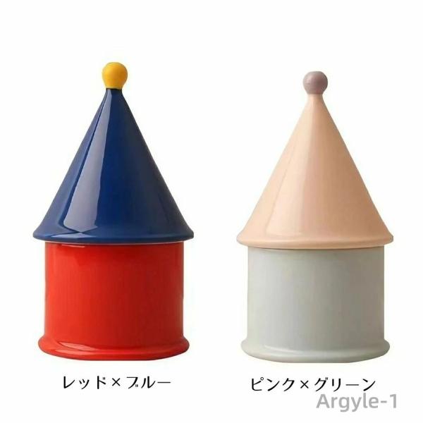 爪楊枝ケース 綿棒ケース 三角屋根デザイン ボールのつまみ付き 陶器製 レッドxブルー ピンクxグリ...