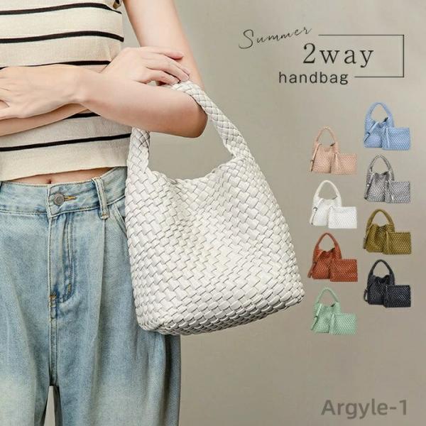 ハンドバッグ レディース 編みバッグ バケツバッグ イントレチャート ショルダーバッグ 2WAY 肩...