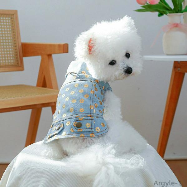 犬 服 デニム ジャケット ベスト ドッグウェア 犬服  Dカン付き 花柄 金かけ 総柄 デニム T...