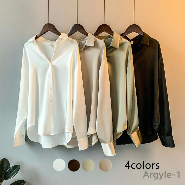 白  長袖 スキッパー ロングシャツ トップス 光沢 スキッパーカラーブラウス スキッパーシャツ レ...