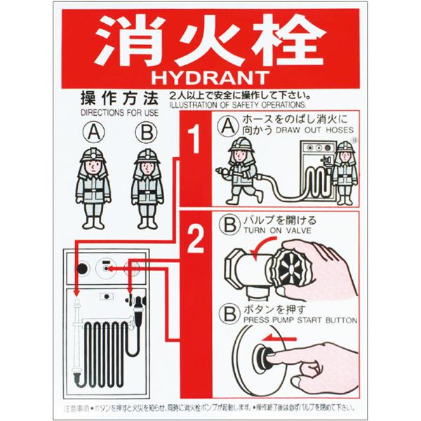 屋内消火栓操作方法標識　「消火栓」　サイズ：400×300　Ａタイプ　材質：塩ビシール製 【消火器】