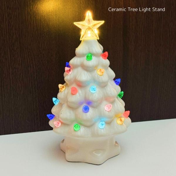 LEDライト付き セラミック製ホワイトクリスマスツリー｜陶器 置物 ライトアップ インテリア