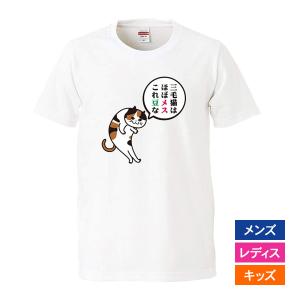 おもしろｔシャツ メンズ レディース キッズ 面白 猫 ネコ ねこ 文字 ジョーク パロディ 三毛猫はほぼメス 雑学 かわいい イラスト 半袖Tシャツ プレゼント 90cm｜minamihorie