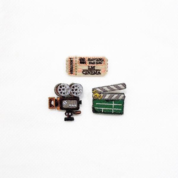 LM・エルム ブローチ 映画 3点セット  /  立体刺繍アクセサリー チケット カチンコ シネマカ...