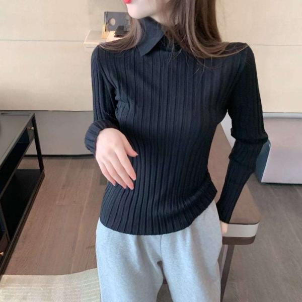 2color ニット セーター リブ リブニット 長袖 セーラー襟 襟付き ハイネック デートコーデ...