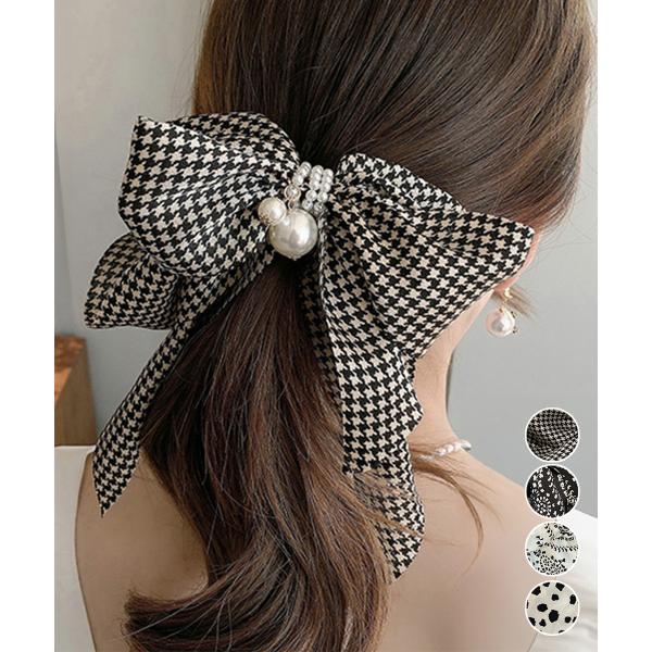 千鳥格子柄リボンバレッタ ヘアクリップ【ネコポス投函】