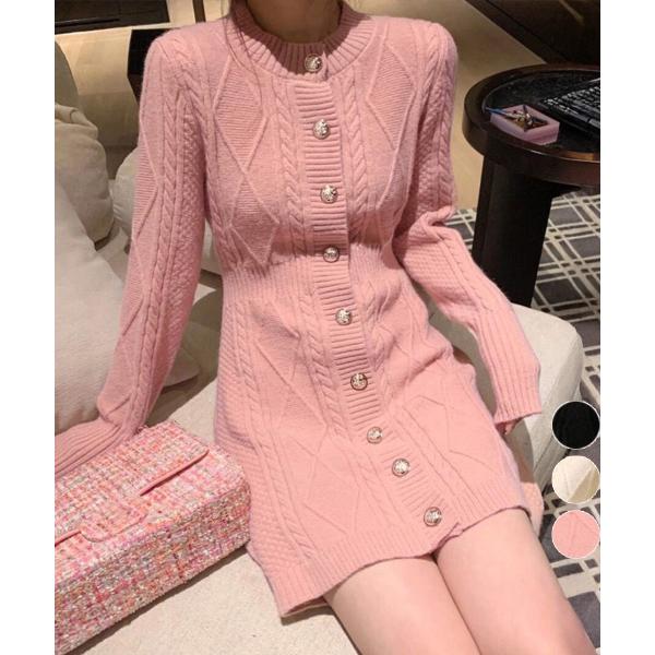 ケーブル編みニットワンピースミニ丈韓国風