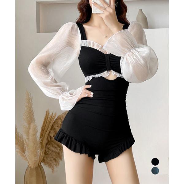 ワンピース水着 シースルー袖 体型カバー【ネコポス投函】