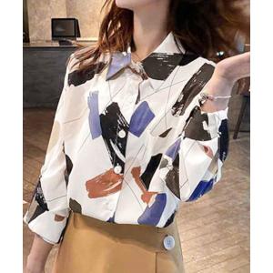 ペイント柄 シャツ レディース プリント 長袖 開襟シャツ 可愛い 襟付き ブラウス 夏春秋 トップス 着やせ 落書き ネコポス可 86aydd 001 Miniministore 通販 Yahoo ショッピング